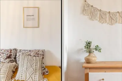 two pictures of a room with a couch and a table at La Bergerie des Sorgues in LʼIsle-sur-la-Sorgue