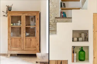 two pictures of a wooden cabinet in a room at La Bergerie des Sorgues in LʼIsle-sur-la-Sorgue