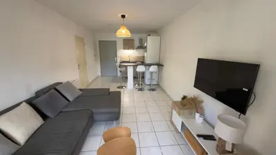 a living room with a couch and a flat screen tv at Magnifique T2 Aix-en-Provence in Aix-en-Provence