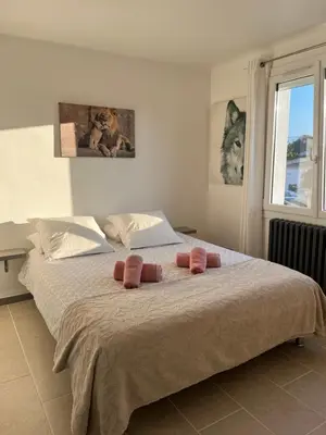 a bedroom with a bed with two pink pillows on it at La casemate in LʼIsle-sur-la-Sorgue