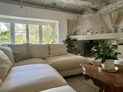 a living room with a couch and a fireplace at Charmant mas perché en Provence in Saumane-de-Vaucluse