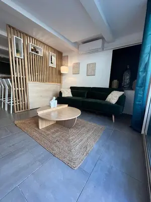 a living room with a couch and a coffee table at L'Odelisle Appartement plein centre avec terrasse in LʼIsle-sur-la-Sorgue
