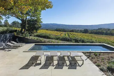 a pool with chairs and a view of a vineyard at Madame Luberon in Roussillon