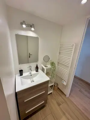 a bathroom with a sink and a mirror at Le Bleu Salonais - Centre ville in Salon-de-Provence