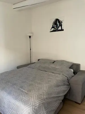 a bedroom with a bed with a snowboard on the wall at L'olivade in La Fare-les-Oliviers