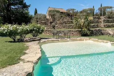 a swimming pool in a yard with white flowers at Mas, Padel privé, tennis privé, piscine 22m , Alpilles Provence in Orgon