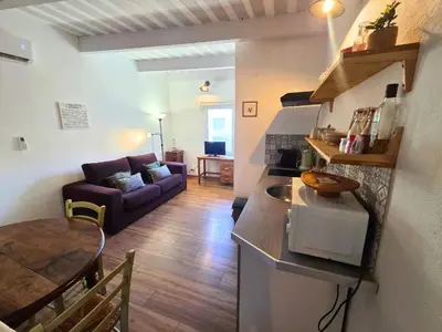a kitchen and living room with a couch and a table at Magnifique appartement au cœur de la Venise Provençale in LʼIsle-sur-la-Sorgue