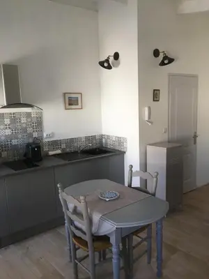 a kitchen with a table and a sink and a refrigerator at Superbe appartement dans la Venise Provençale in LʼIsle-sur-la-Sorgue
