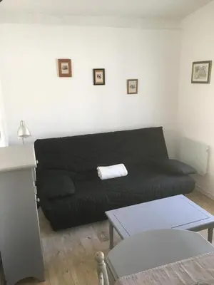 a black couch in a living room with a table at Superbe appartement dans la Venise Provençale in LʼIsle-sur-la-Sorgue