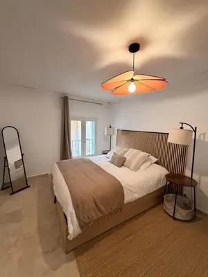 a bedroom with a bed and a ceiling fan at Appartement de la flûte in LʼIsle-sur-la-Sorgue