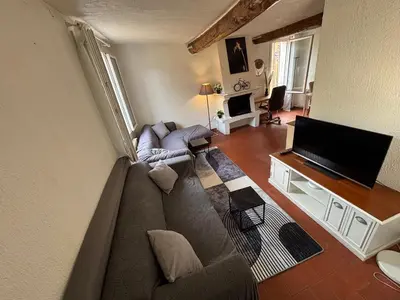 a living room with a couch and a flat screen tv at Cozy apartment Aix-en-Provence city center in Aix-en-Provence