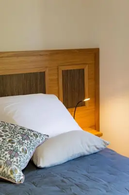 a bed with a wooden headboard and a pillow at La Maison De Paulette in Joucas