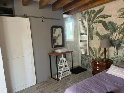 a bedroom with a mirror and a dressing table and a bed at studio à la campagne avec piscine in Peyrolles-en-Provence