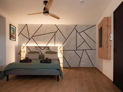 a bedroom with a bed and a ceiling fan at Studio Cosy au Cœur de la Ville in Salon-de-Provence