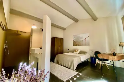 a bedroom with a bed and a desk and a table at House for rent in Ménerbes Villa Carpe Diem in Ménerbes