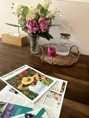 a table with a magazine and a vase of flowers at Une Parenthèse Aixoise in Aix-en-Provence