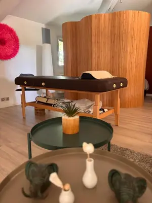 a living room with a bed and a table at Maison V in Ventabren