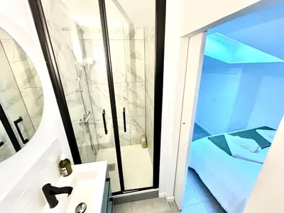 a bathroom with a shower and a sink with a mirror at T2 Duplex climatisé Suite et canapé-lit Aix centre in Aix-en-Provence