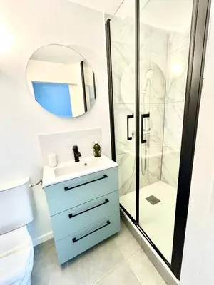 a bathroom with a sink and a shower at T2 Duplex climatisé Suite et canapé-lit Aix centre in Aix-en-Provence