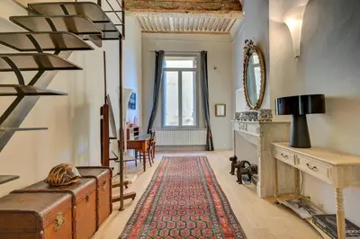 a living room with a fireplace and a rug at Beautiful duplex, historic center, private garden in Aix-en-Provence