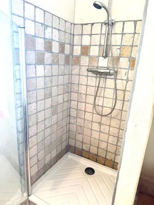 a shower with a glass door and a shower head at cheznico jas d la plane in Bédoin