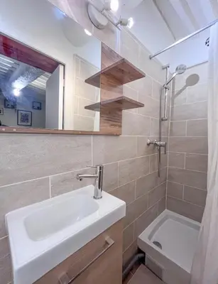 a bathroom with a sink and a mirror and a toilet at Studio coeur de ville, rue Papassaudi in Aix-en-Provence