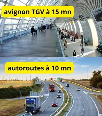 two pictures of a highway with cars and trucks at Joli appartement centre village au calme in Châteaurenard
