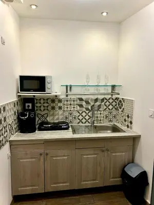 a kitchen with a sink and a microwave at appartement,au luberon in Cavaillon