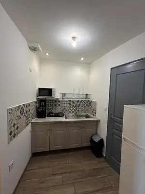 a kitchen with a sink and a refrigerator at appartement,au luberon in Cavaillon