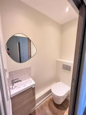 a bathroom with a toilet and a mirror at La Terrasse, 2 chambres, hyper centre in Aix-en-Provence