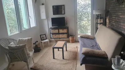 a living room with a couch and chairs and a tv at Petite maison sur Apt in Apt