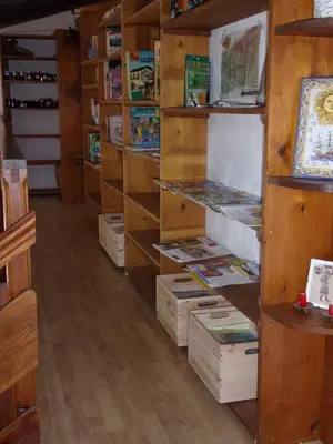 a room with wooden shelves with books on them at Les Granges in Villars