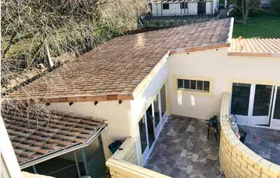 an overhead view of a house with a roof at Cozy Home In Miramas With Outdoor Swimming Pool in Miramas