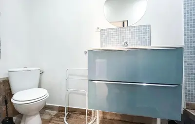 a bathroom with a toilet and a mirror at Cozy Home In Miramas With Outdoor Swimming Pool in Miramas