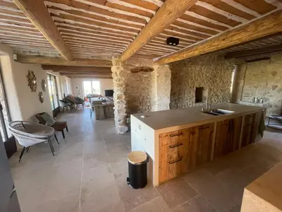 a large room with a kitchen with wooden ceilings at Le Jas à Goult in Goult