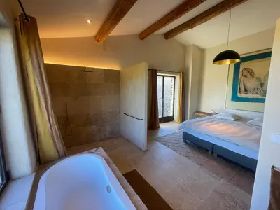 a bathroom with a bath tub and a bed at Le Jas à Goult in Goult