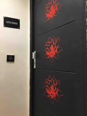 a black door with red flowers on it at Appartement Lotus Rouge, 2 chambres, proche Mairie in Aix-en-Provence