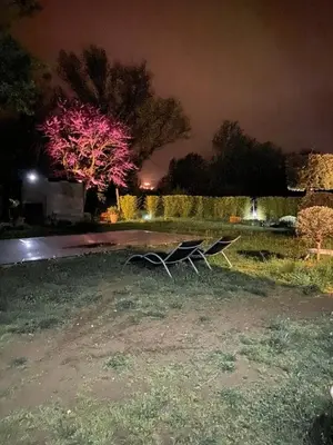 a picnic table in a park at night at La Roussillonnaise in Roussillon