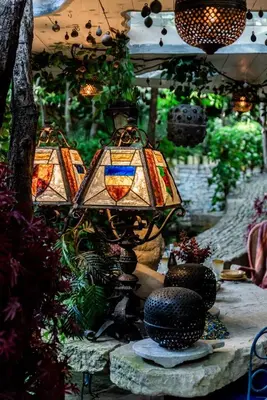 a group of lights on a table with plants at Romantic Provence Pool & Mill View in Goult
