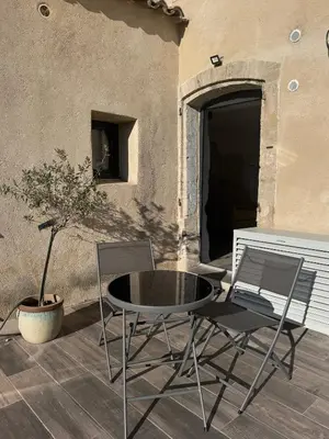 a table and two chairs and a potted tree on a patio at Studio Rénové de Charme en Provence in Caumont-sur-Durance