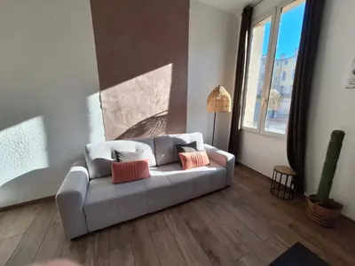 a living room with a gray couch with two pillows at Grand studio dans le centre historique in Aix-en-Provence
