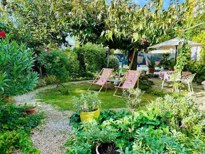 a garden with chairs and a table and some plants at Havre de paix proche centre ville, jardin, piscine in LʼIsle-sur-la-Sorgue