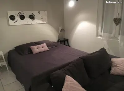 a bedroom with a bed with a pink pillow on it at Bel appartement de vacances 6 personnes in Caumont-sur-Durance