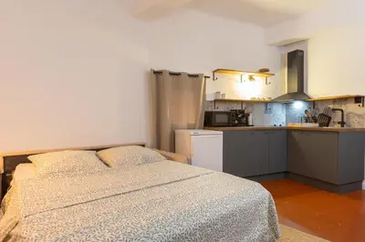 a bedroom with a bed and a small kitchen at Modern studio Le Renoir - Center of city - WiFi in Aix-en-Provence
