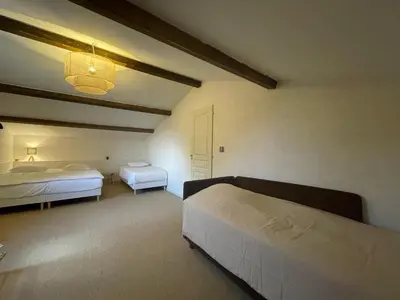a bedroom with two beds and a ceiling at Luberon house with view in Cucuron