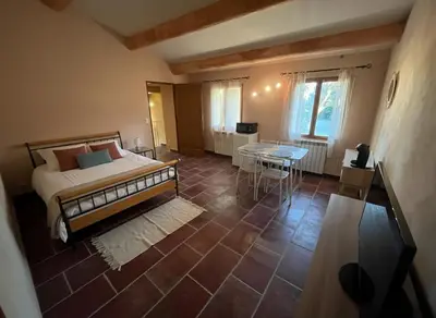 a bedroom with a bed and a table in it at Le Mas du Platane - logement deux chambres en Provence in Monteux