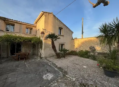 a house with a table and a palm tree in front of it at Le Mas du Platane - logement deux chambres en Provence in Monteux