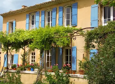 a house with blue windows and plants at Mas Provençal - 300 m2 - 7 chambres in Cavaillon