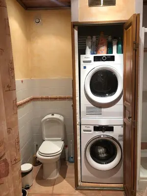 a bathroom with a toilet and a washer and dryer at Farm House, 10 min d'Avignon in Jonquerettes