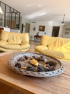a basket on a table in a living room at Farniente à Valloncourt in Cheval-Blanc